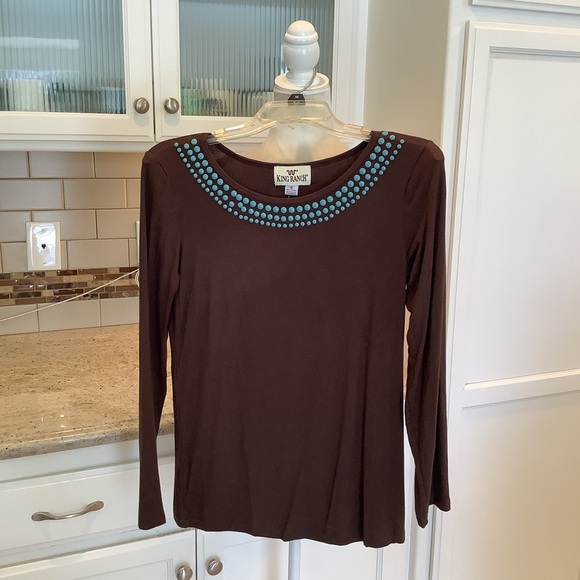 King Ranch Brown Top with Blue Gems Size Small NWT - Picture 1 of 6